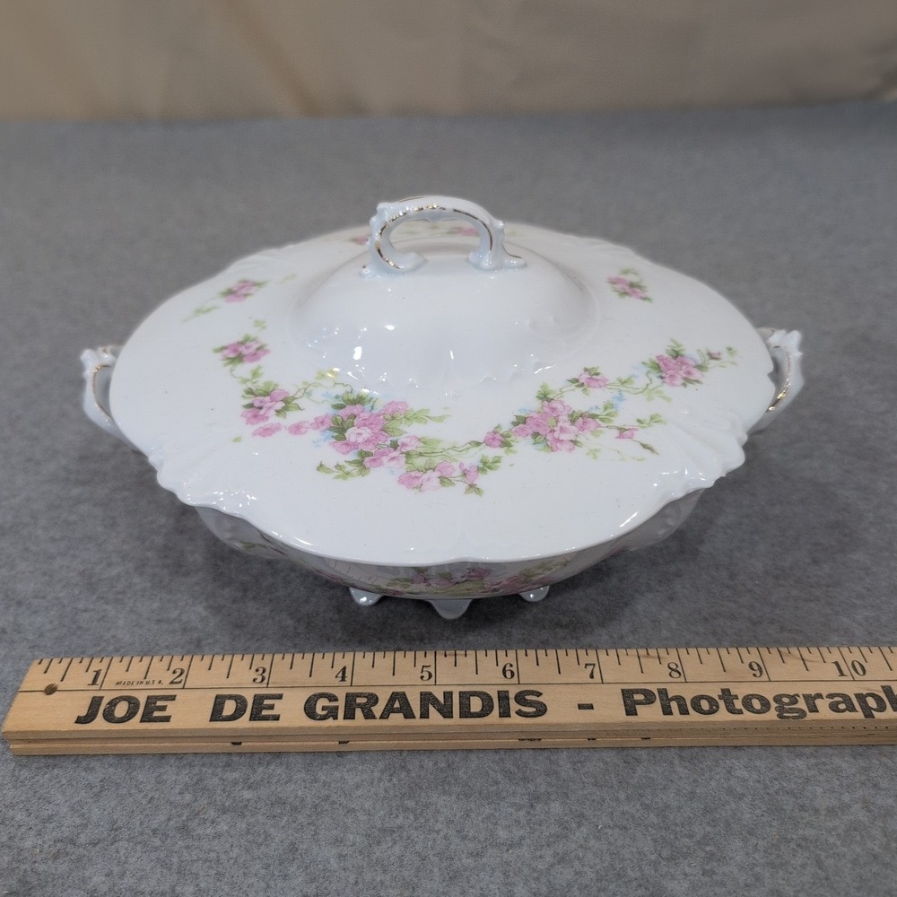 Antique Porcelain Covered Vegetable Tureen Pink Floral Gold Gilt Footed Dish - Picture 3 of 10